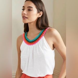NWT Boden Crochet Trim Scoop Jersey Tank Top, White/ Pink/Green Trim, SOLD OUT